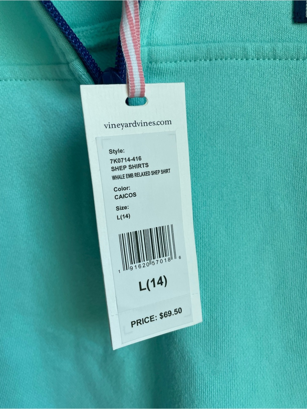 NWT Vineyard Vines Girls L 14 Caicos Blue Whale Relaxed Shep Shirt Quarter Zip - Picture 3 of 3